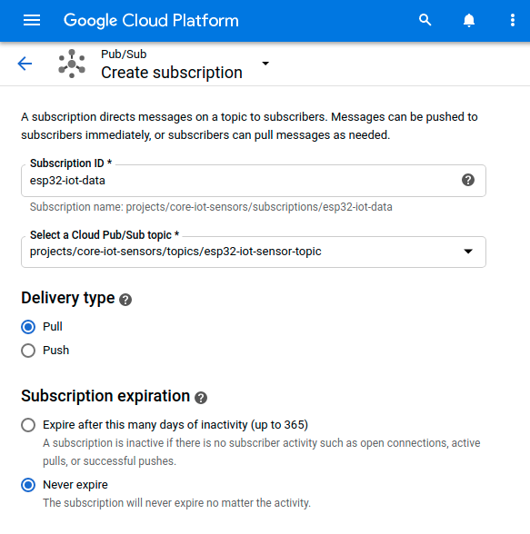 Create a Pub/Sub subscription