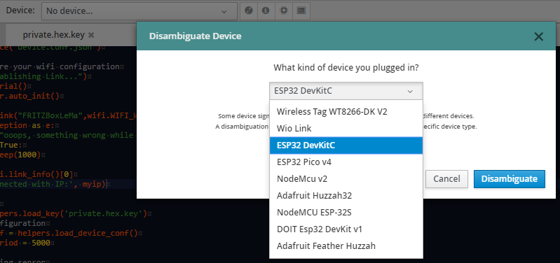 Zerynth: Device selection